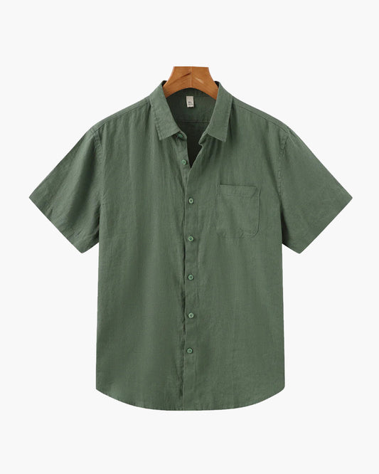 Modern elegant men's clothing featuring a black button-up shirt with large pockets and beige pants