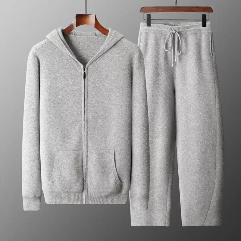 100% Merinoull Herr – Tjockstickat Träningsset med Huvtröja &amp; Dragkedja,