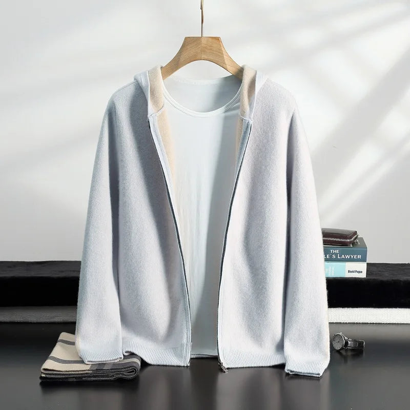 Exklusiv Kashmir- &amp; Ullcardigan för Herr – Elegant Huvjacka med Dragkedja