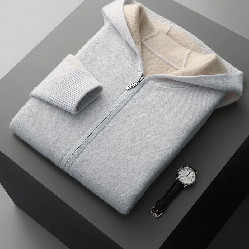 Exklusiv Kashmir- &amp; Ullcardigan för Herr – Elegant Huvjacka med Dragkedja