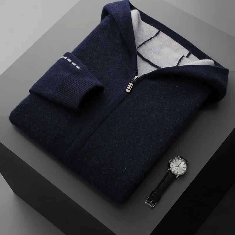 Exklusiv Kashmir- &amp; Ullcardigan för Herr – Elegant Huvjacka med Dragkedja