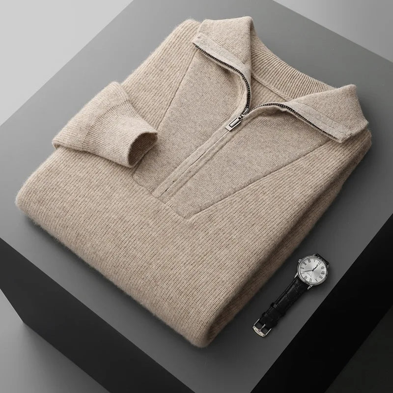 Elegant Kashmir- &amp; Ulltröja för Herr – Vinterstickad med 1/4 Dragkedja