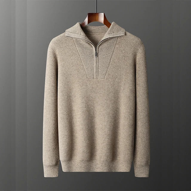 Elegant Kashmir- &amp; Ulltröja för Herr – Vinterstickad med 1/4 Dragkedja