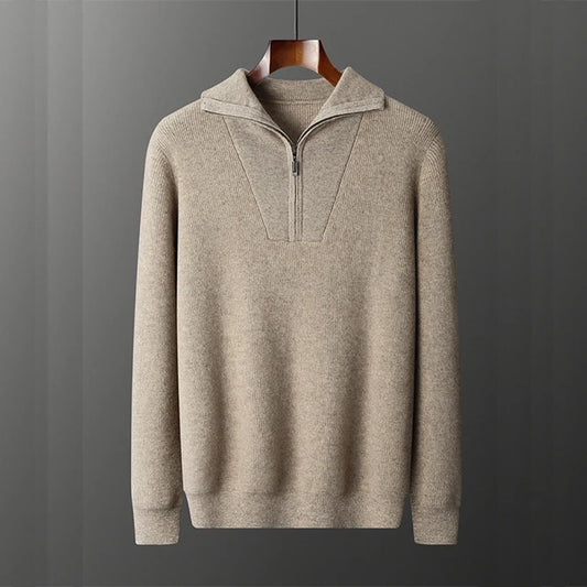 Elegant Kashmir- &amp; Ulltröja för Herr – Vinterstickad med 1/4 Dragkedja