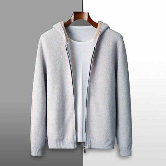 Exklusiv Kashmir- &amp; Ullcardigan för Herr – Elegant Huvjacka med Dragkedja