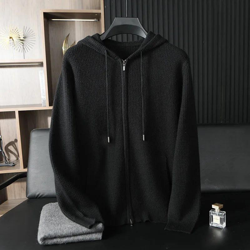 Lyxig stickad herrkofta i ull &amp; kashmir med dragkedja